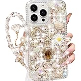 Changjia for iPhone 16 Pro Max Glitter Bling Case,Cute Luxury 3D Sparkle Queen Crystal Rhinestone Flowers Diamond Pearl Gems with Lanyard Wrist Strap Women Girls Phone Case for iPhone 16 Pro Max,White