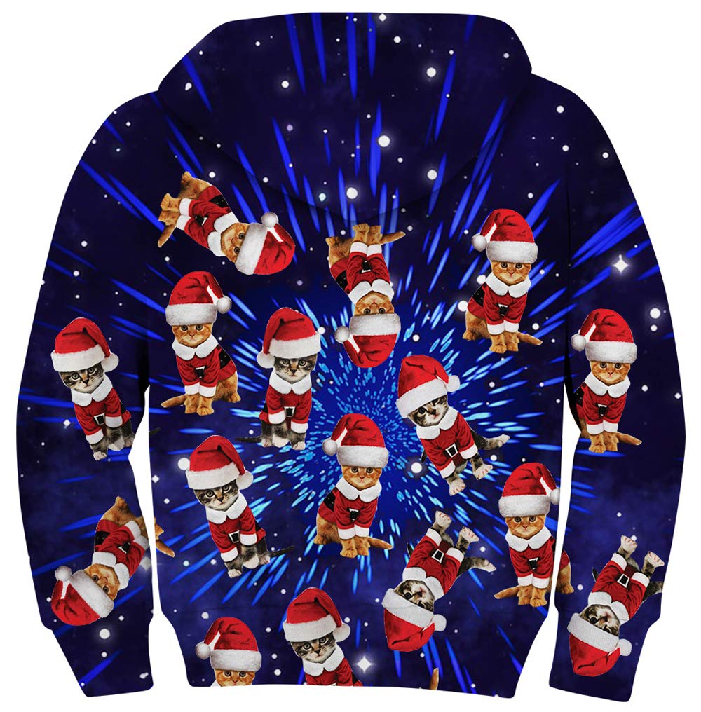 UNICOMIDEA 8-10T Kids Hoodies Ugly Christmas Sweatshirt Cute Printed Christams Cat Digital Pattern Jackets for Boys Winter Tops with Big Pocket,Blue,Size XL