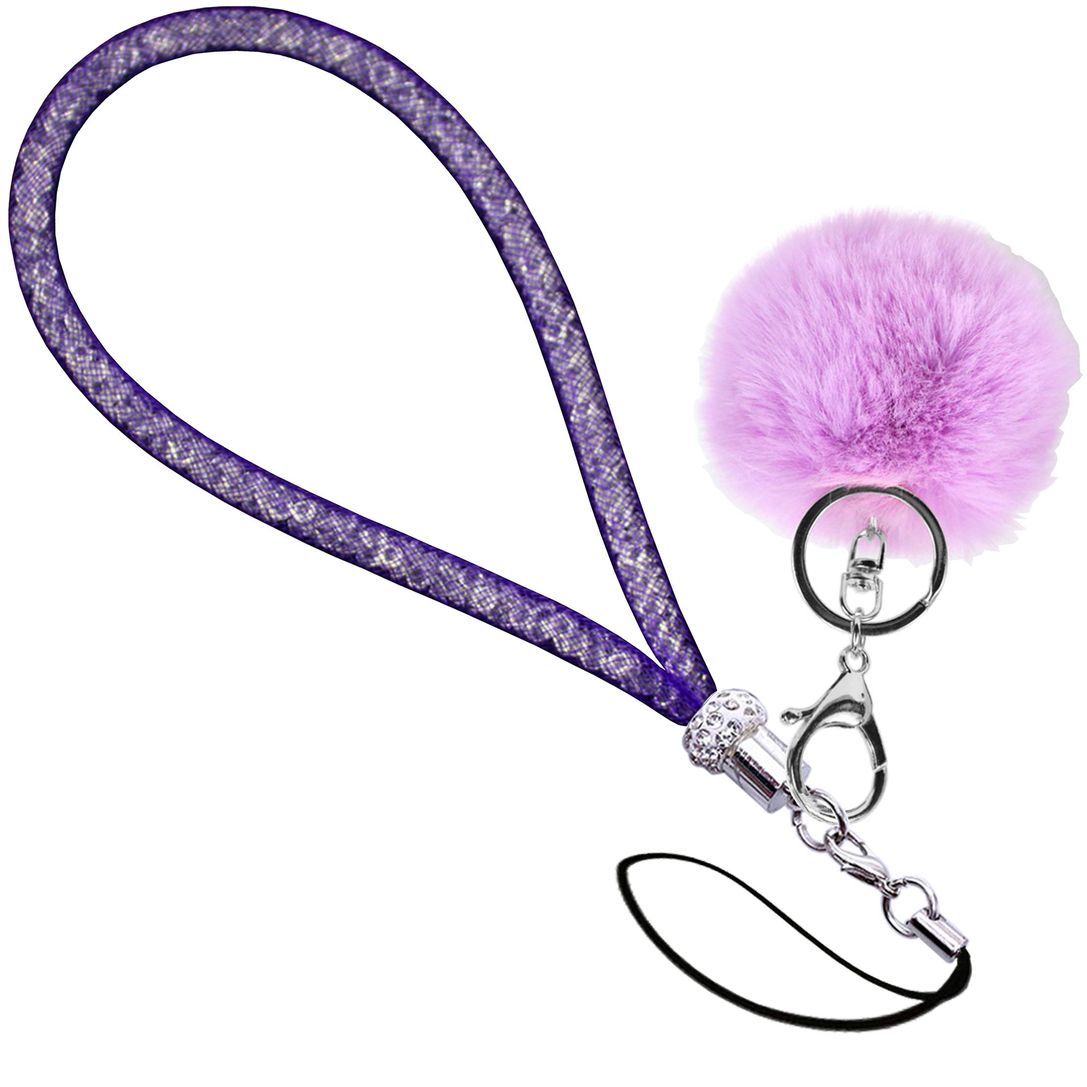 MOTIVE LIFE Lanyard with Pompom and Fishnet Tube Filled with Sparkly Rhinestones,Bling Wrist Strap for Phone,Camera,ID Badge and USB Key,Short-Purple