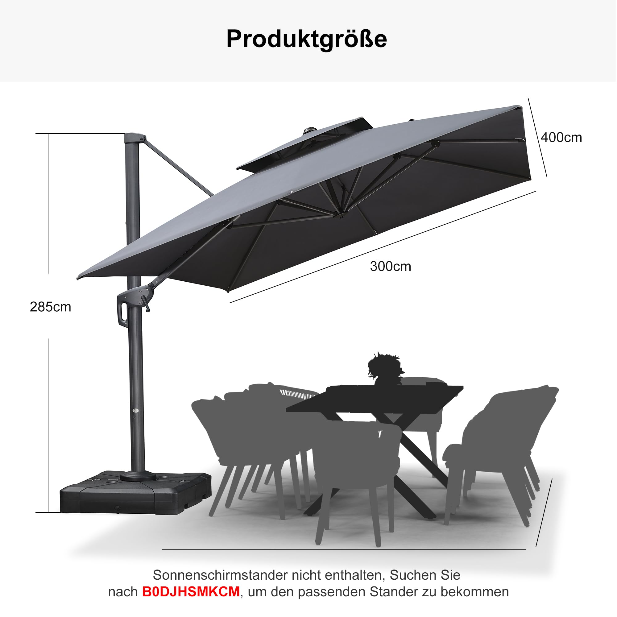 PURPLE LEAF Sonnenschirm Rechteckig 300 x 400 cm Ampelschirm Groß 360°Rotation, Gartenschirm mit kurbel Doppeldach, Marktschirm Wasserabweisend Windfest für Garden Deck Schwimmbad, Grau 8