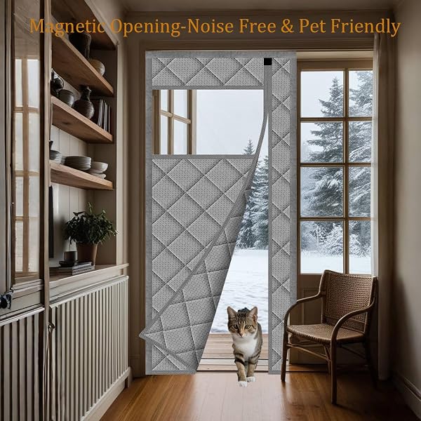 WOHOMZY THERMAL DOOR CURTAIN FITS DOORS SIZE 50″X80″,CURTAIN SIZE 53″X82″, MAGNETIC INSULATED CURTAIN SIDE OPEN, VISIBLE PANELS,KEEP WARM IN WINTER COOL IN SUMMER,DIAMOND PATTERN,GRAY
