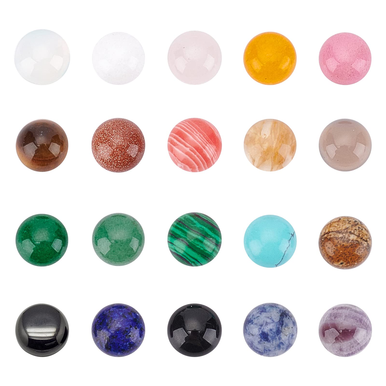 SUPERFINDINGS 40pcs 20 Style Cabochon Gemstone 10mm Half Round Dome Flatback Quartz Stone for Necklace Jewelry Making DIY Craft Handmade