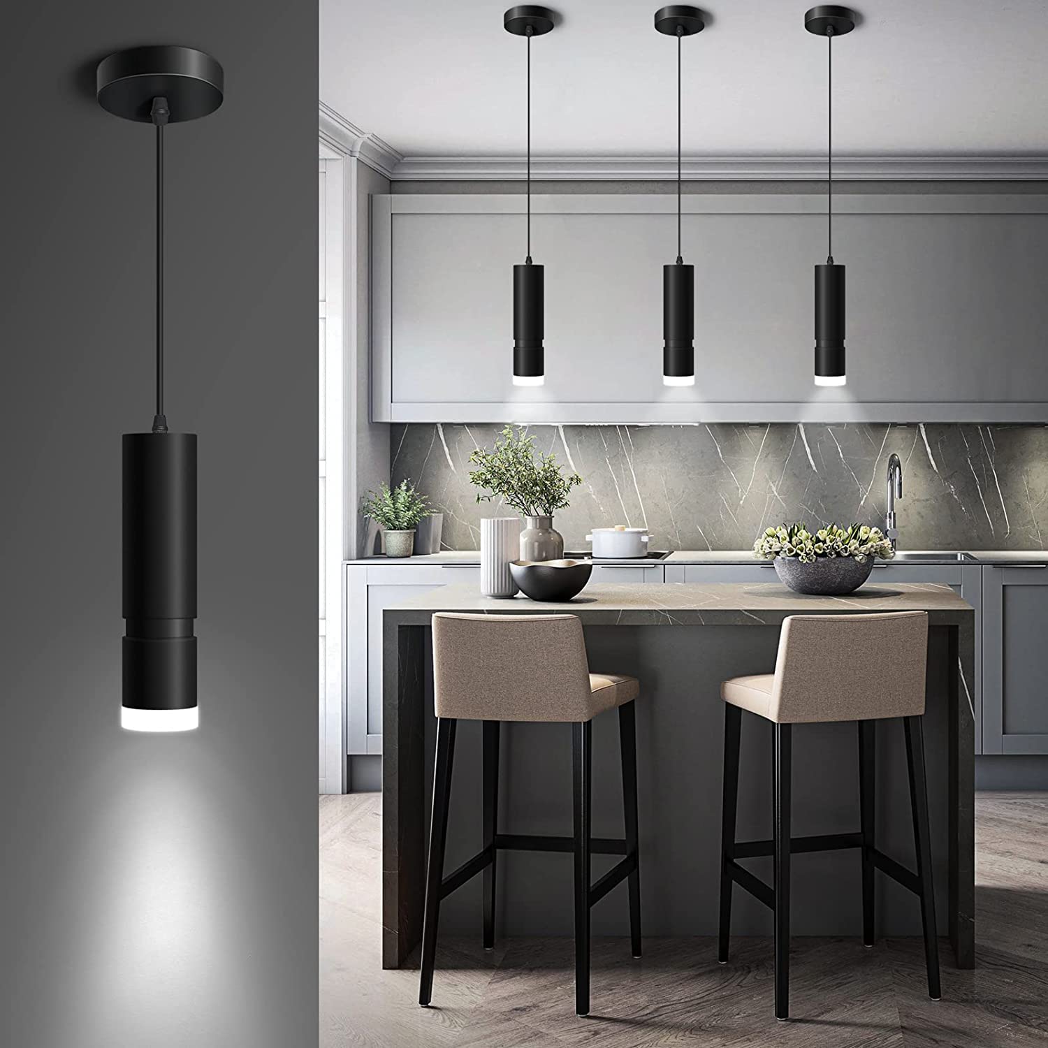 OKELI Black Pendant Light, Hanging Lights with Adjustable Light Focus, Pendant Lights for Kitchen Island, Bar, Contains Light Sources, 20W, 4000K, 8.6inch/21.8cm, 1Pack