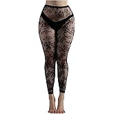 OYOANGLE Women's Lace Fishnet Footless Tights See Through Pantyhose High Waisted Sheer Leggings