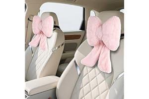iHUFeather 2 Pack Bow Car Headrest Pillows Plush Neck Pillows for Travel Driving Office Chair Head Support Cushions, Also Cute Car Decor Accessories for Women (Pink)