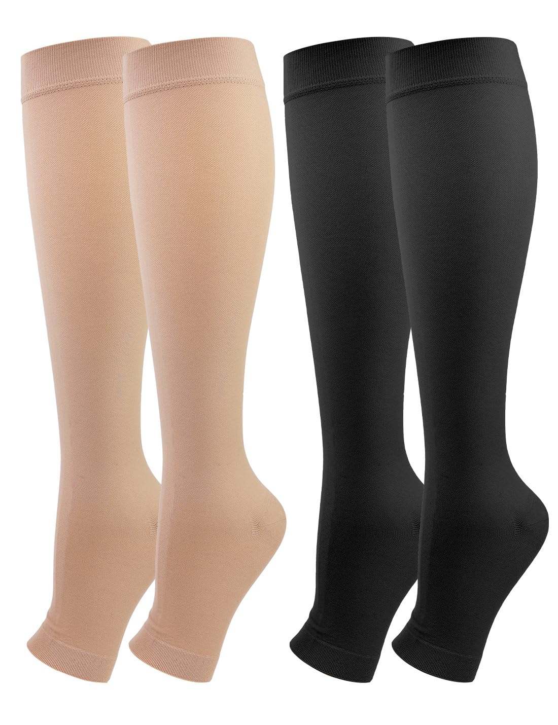 2 Pairs Medical Compression Socks for Women & Men 20-30 mmHg, class 2, Open Toe Best Graduated Support Fit for Travel Flight Running Varicose Veins Pregnancy Nurses (Black+Beige, XXL)