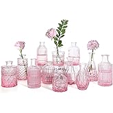 TBWIND Pink Glass Bud Vases Set of 12, Vintage Mini Vases for Centerpieces, Glass Bud Vase in Bulk for Wedding Decor, Single