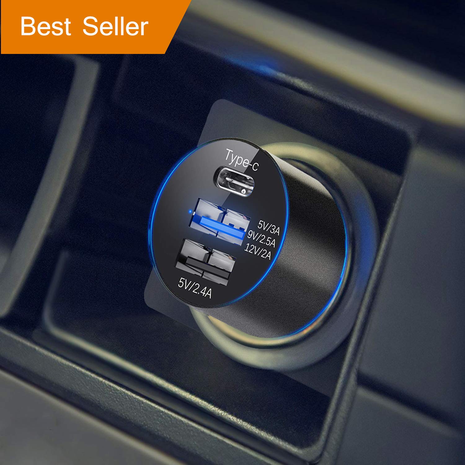 Car Phone Charger USB Car Adapter, TypeC & Dual USB Port QC3.0 Fast Charge 5.4A 12V 24W