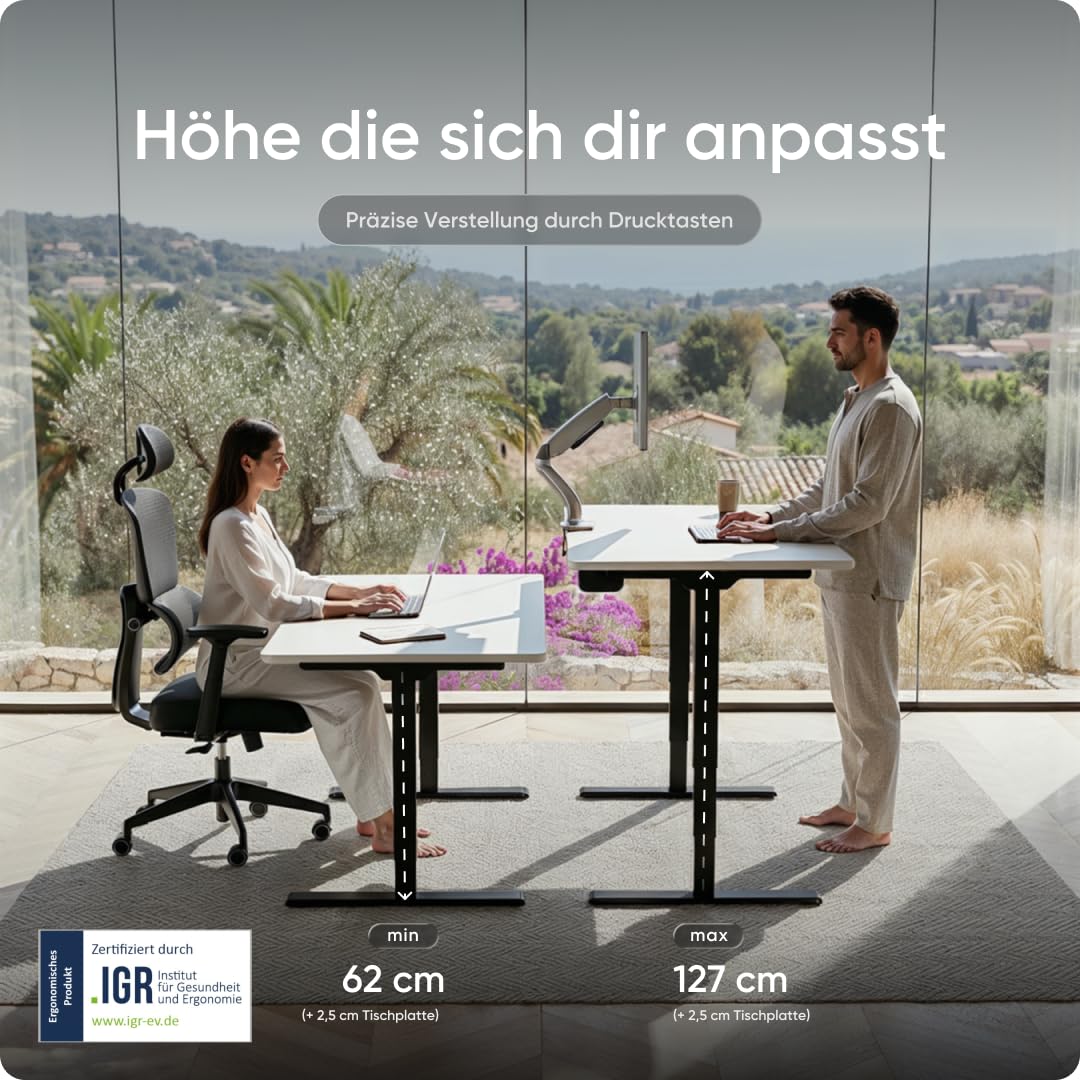 DESKSPACE PRO Plus höhenverstellbarer Schreibtisch elektrisch (140x70cm) - Büro Tisch mit Kollisionsschutz, Memory-Funktion und 10 Jahre Gewährleistung, Stehpult (Gestell Schwarz, Tischplatte Weiß) 5