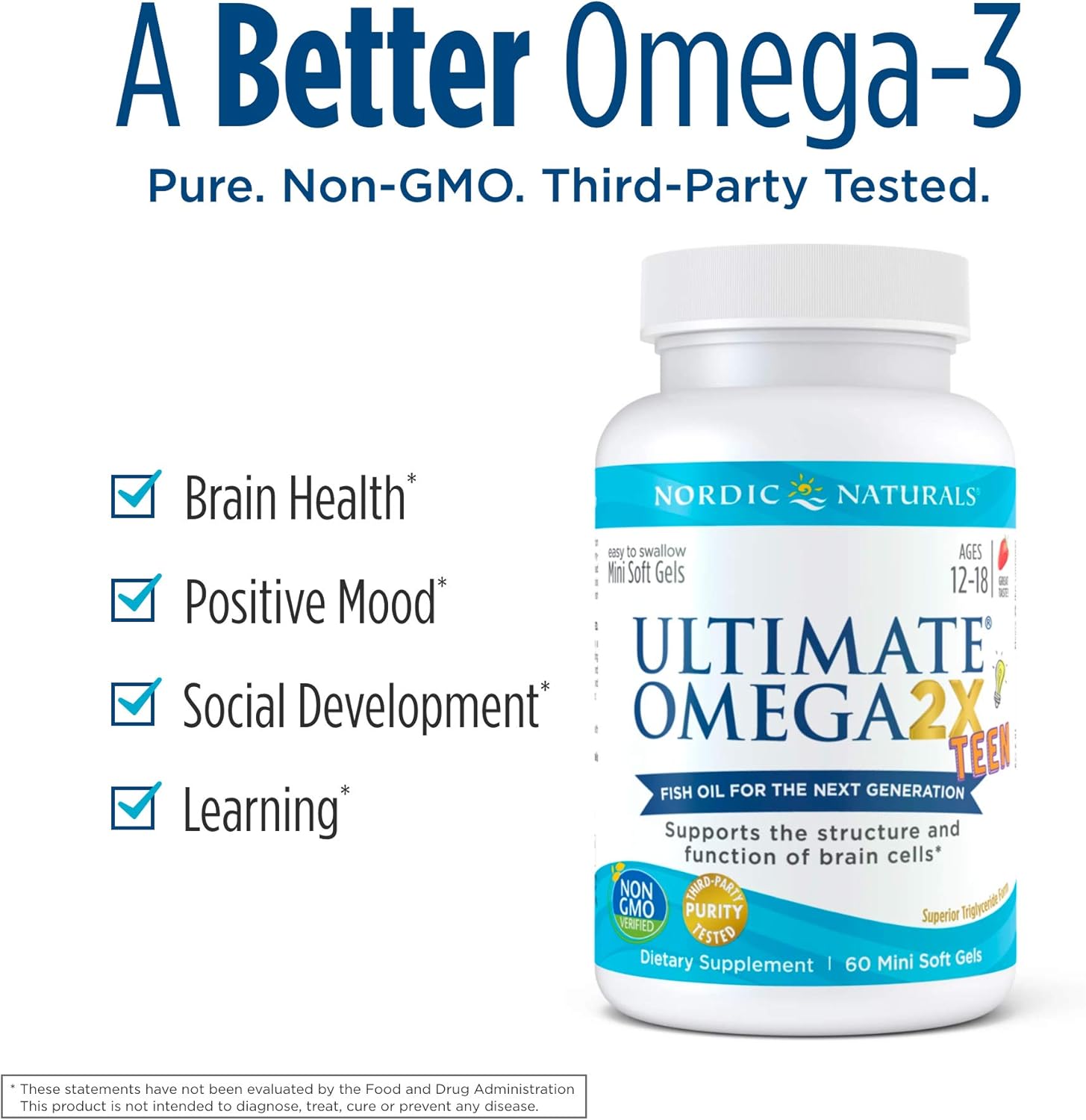 Nordic Naturals Ultimate Omega 2X Teen, Strawberry - 60 Mini Soft Gels - 1120 mg Total Omega-3s with EPA & DHA - Brain Health, Positive Mood, Social Development, Learning - Non-GMO - 30 Servings: Health & Personal Care
