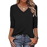 Zeagoo Womens Tunic Tops Casual 3/4 Length Sleeve V Neck Shirts Basic Tees Business Work Blouses Fall 2025 Clothes Black