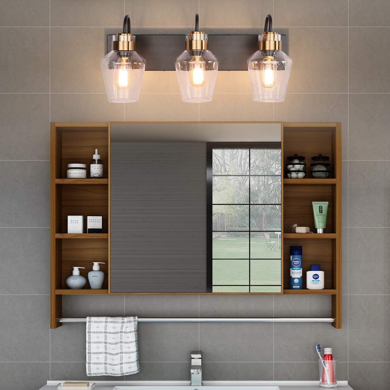 PRESDE Vintage Bathroom Lighting Fixtures Over Mirror Modern Glass Shade Bronze Brushed Black Vanity Lights Wall Sconce (3-Lights) - - 