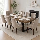 Extendable Dining Table Set for 8, 63"-79" Large Rustic Kitchen Table Set | Rectangular Aged Wood Kitchen Table with 8 Upholstered High Back Fabric and Solid Wood Legs Chairs