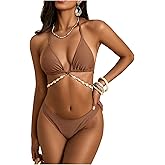 BEAUDRM Women's 2 Piece Shell Decor Bikini Halter Tie Side Triangle Set High Cut Bikini Swimsuit Bathing Suit