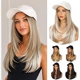 HOOJIH Hat Wig for Women, Adjustable Beige Baseball Cap Hat with 18 Inch Straight Layer Hair Attached Hat Hair Extension for Daily Style - Light Golden Blonde with White Blonde