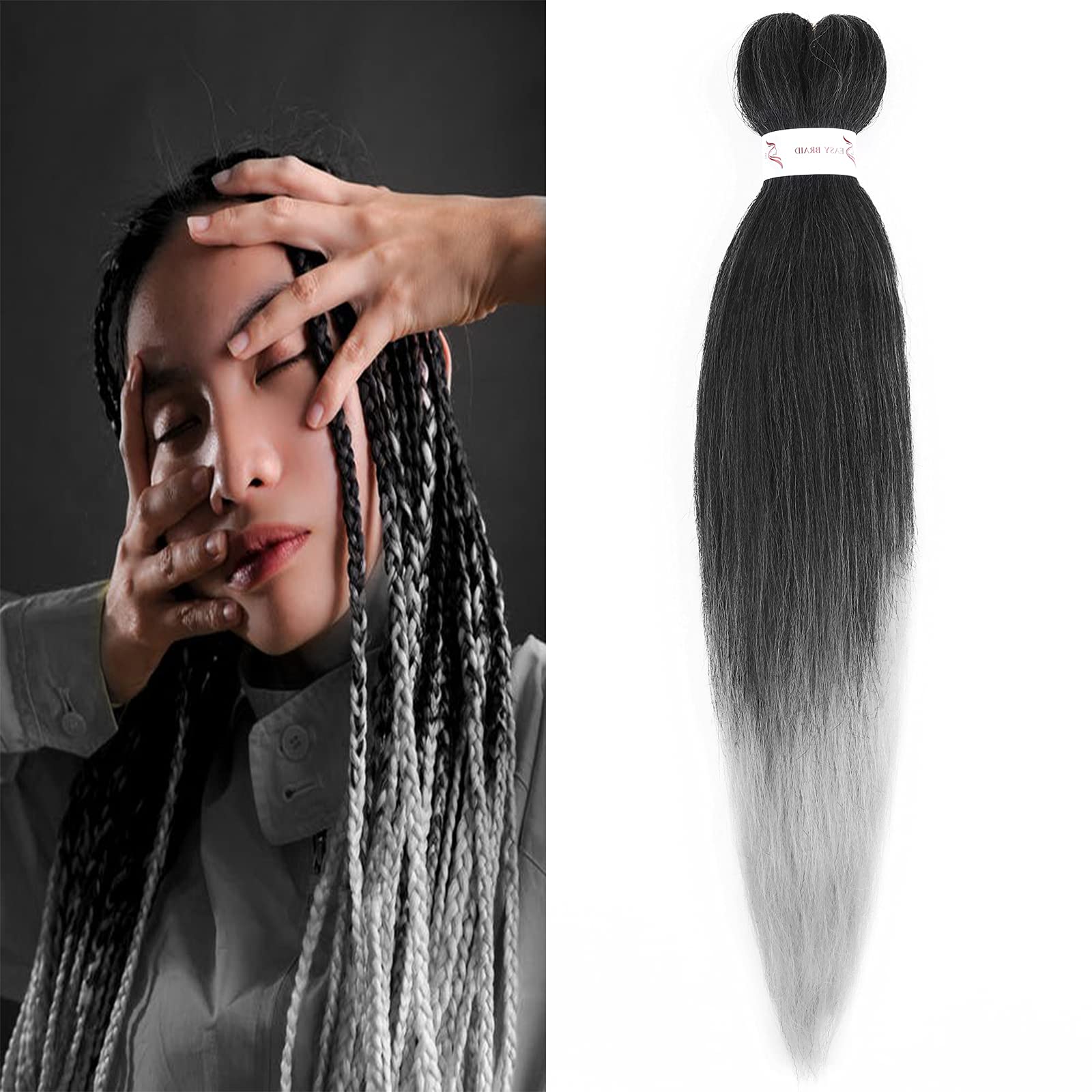 Pre-stretched Braiding Hair Extensions 20inch Easy Braiding 1 Pack Crochet Hair for Box Jambo Braids Yaki Texture for Black Women T1B/Silver Black to Silver