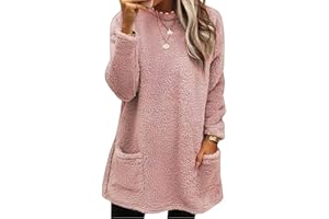 Fall Trendy Womens Comfort Fleece Tops Warm Sherpa Lined Long Winter Tunic Pullover Casual Oversized Sweatshirt with Pockets