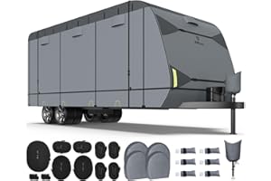 RVMasking 7 Layers Top Heavy Duty RV Travel Trailer Cover for 34'1"-37', Windproof Rip-Stop Anti-UV RV Cover with 4 Tire Cover & Tongue Jack Cover, Dark Gray