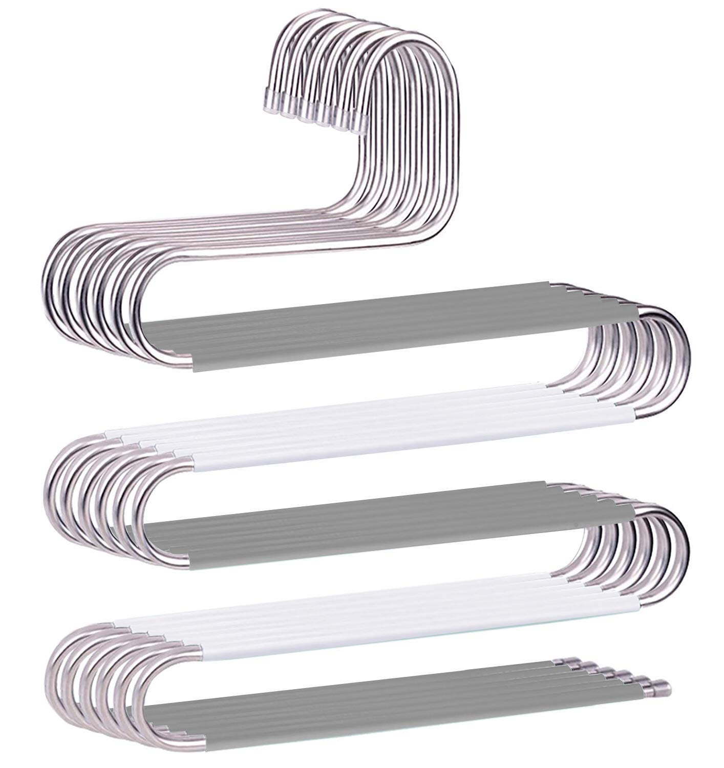 devesanter Space Save Non-Slip 6 Pack S-Shape Trousers Hangers Stainless Steel Clothes Hangers Closet Storage Organizer for Pants Jeans Scarf Hanging Grey and White