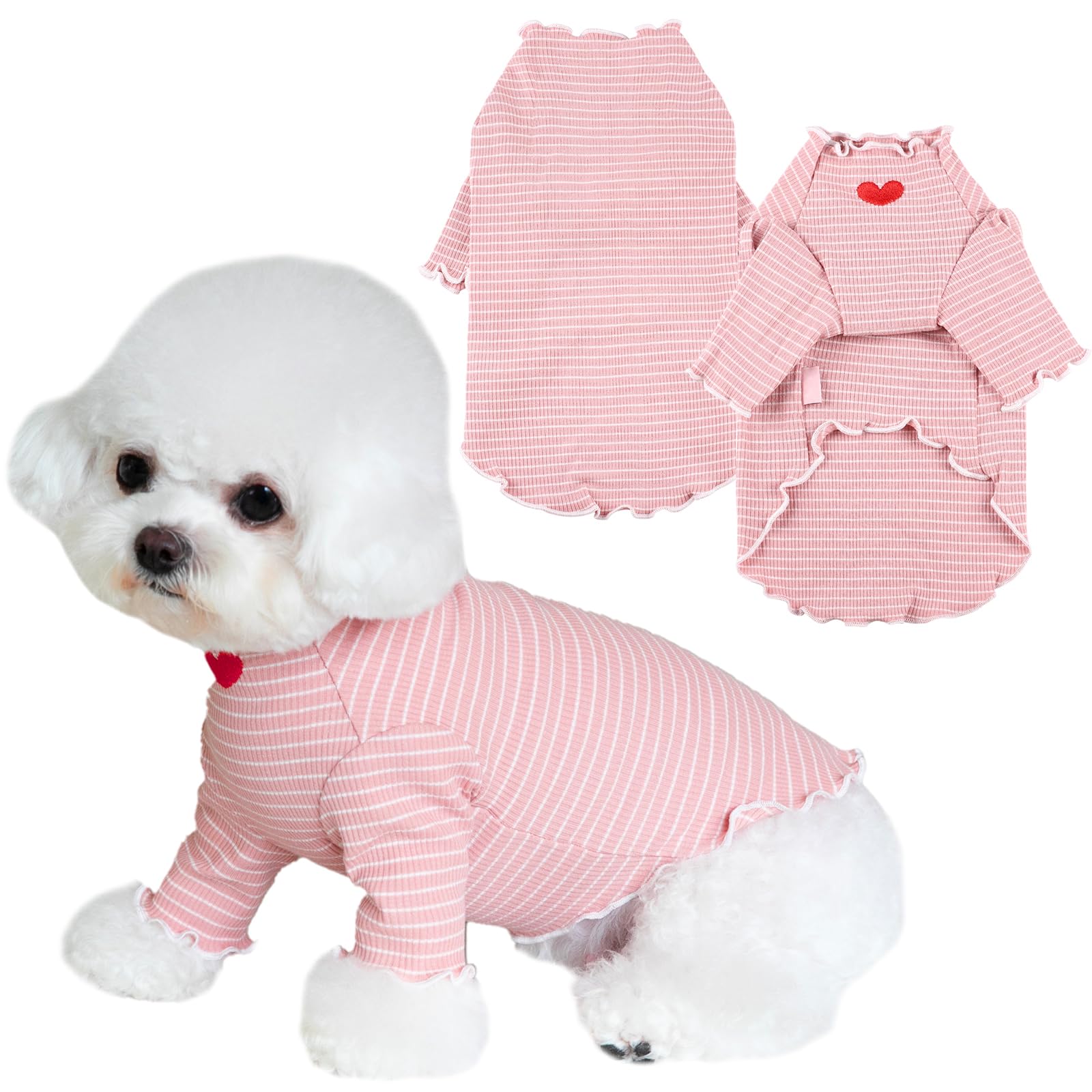 Yaopelky Dog Shirt for Small Medium Dogs Striped T-Shirt with Heart Embroidery Stretchable Ruffle Dog Clothes for Chihuahua Schnauzer Yorkie Shih Tzu (Pink, XL)