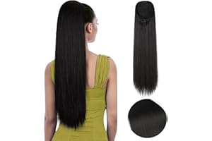 SEIKEA 28" Ponytail Extensions Drawstring Long Straight Fake Pony Tail Natural Soft Clip in Hair Extension Synthetic Heat Resistant Hairpiece - Black