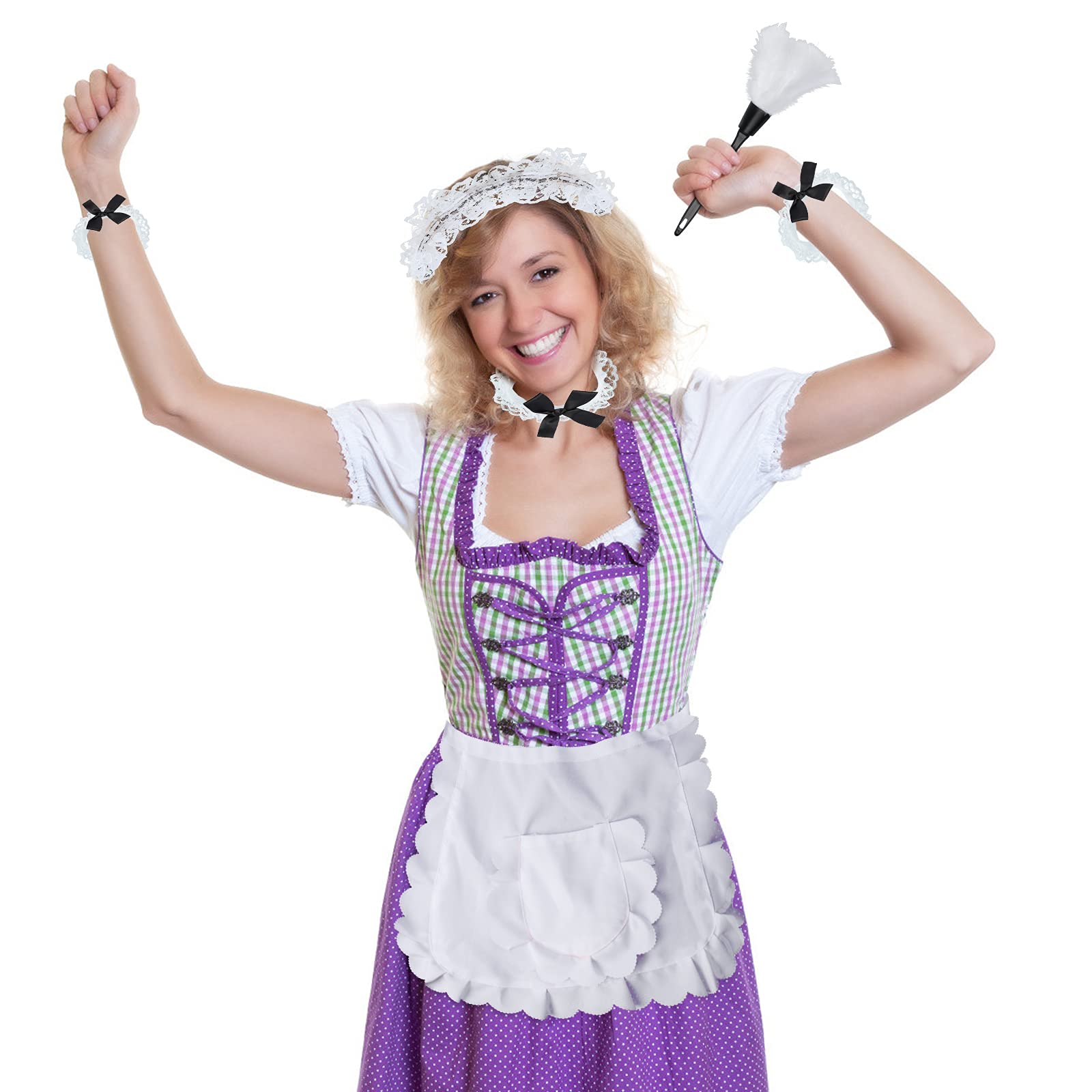 Yewong French Maid Cleaning Lady Costume Accessories Set Anime Lace Hair Hoop Ruffled Apron Feather Duster for Maid Dress Up