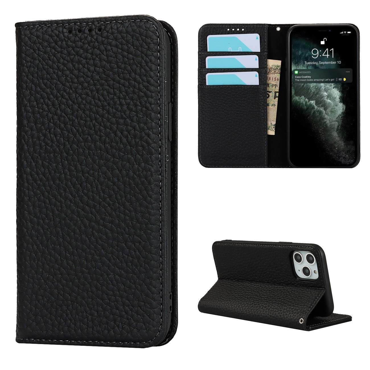Copmob Phone Case iPhone 11 Pro,Flip Genuine Leather Wallet Case,[4 Slots][Magnetic closure][With Lanyard],Protective Cover Case for iPhone 11 Pro - Black