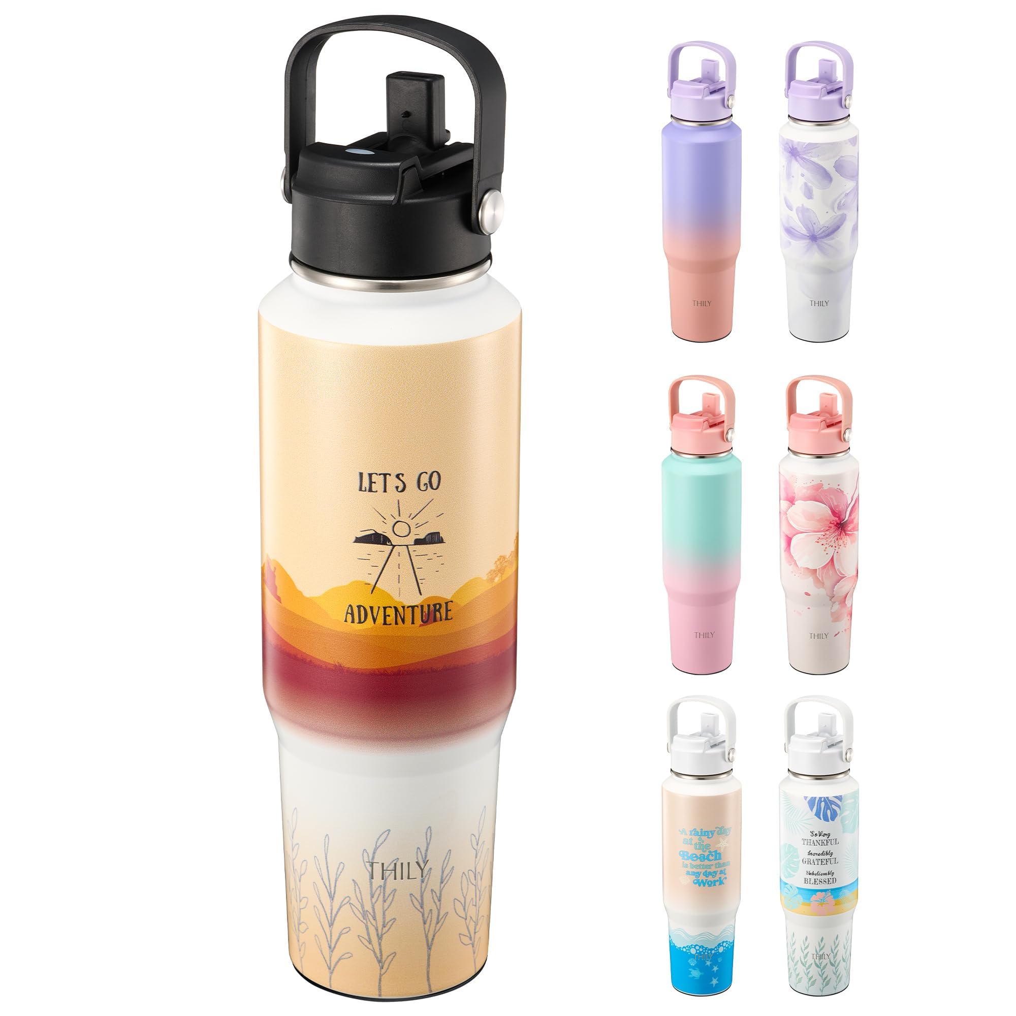 Stainless Steel Insulated Water Bottle - THILY 40 oz Triple Insulated Leakproof Wide Mouth Water Flask with Lid and Straws, Travel Tumbler Fit in Any Car Cup Holder, Powder Coated, Adventure