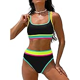 popvil Women's High Waisted Bikini Sets Neon Two Piece 2026 Swimsuit Sporty Adjustable Straps Bathing Suit