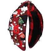 mokkia Christmas Headband for Women Holiday Accessories Xmas Bow Reindeer Snowflake Headband Red Green Jeweled Rhinestone Pearl Knotted Hairband Festive Holiday Hairband Gifts (Red Plaid 1)