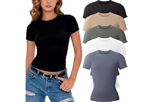 CE' CERDR 3/5 Pack Womens T Shirts Crew Neck Short Sleeve Shirts for Women Casual Basic Fitted Stretchy Tee Tops