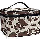 Drydeepin Cute Brown Cow Cowhide Design Travel Makeup Bags for Women and Portable Tote Cosmetic Case with Carry Handle Toiletry Accessories Storage Organizer Bags
