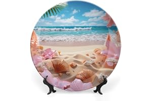 Gokays Decorative Plates for Wall Hanging, Tropical Beach Seashell Ceramic Plate, Summer Theme Wobble-Plate with Display Stand, Home Decor for Kitchen Cabinets, Farmhouse Round Tray 7 Inch