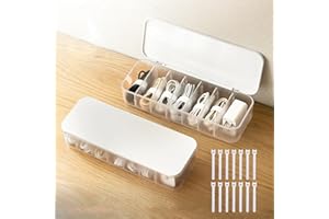 PAVSTINE 2 Pcs Cable Organizer Storage Box with 14 Wire Ties,Desktop Cable Management Box with Lid,Power Cord Organizer for Office,Home,Desk Accessories Storage Stationery Supplies White