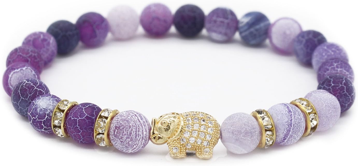 8mm Natural Weathering Stone CZ Gold Elephant Bracelet Yoga Balancing Reiki Healing Jewelry, 7.5"