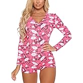 TOISHOLI Women V Neck Shorts Jumpsuit Butt Flap Bodycon Romper Overall Sleepwear Printed Pajama Long Sleeve Bodysuit