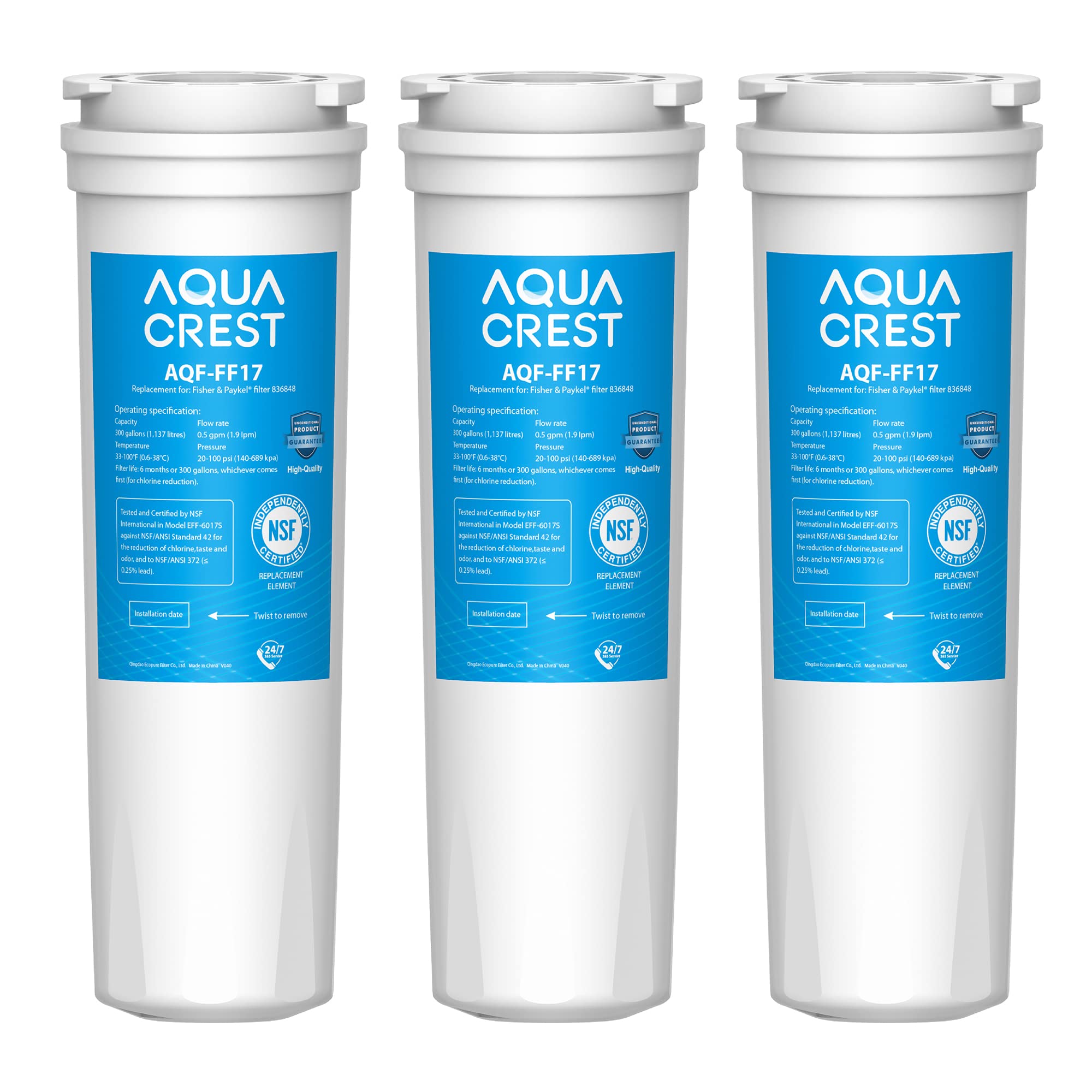 AQUA CREST 836848 Fridge Water Filter, Replacemen for Fisher & Paykel® Water Filter 836848, RF540ADUSX4 (3 Pack)