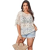 BEAUDRM Women's Plus Size Floral Crochet Tops Hollow Out Boat Neck Sweaters Dolman Sleeve Oversized Knit Top