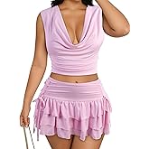 Remidoo Women's 2 Piece Sexy Outfits Backless Cowl Neck Crop Top Layered Ruffle Mini Skirt Set