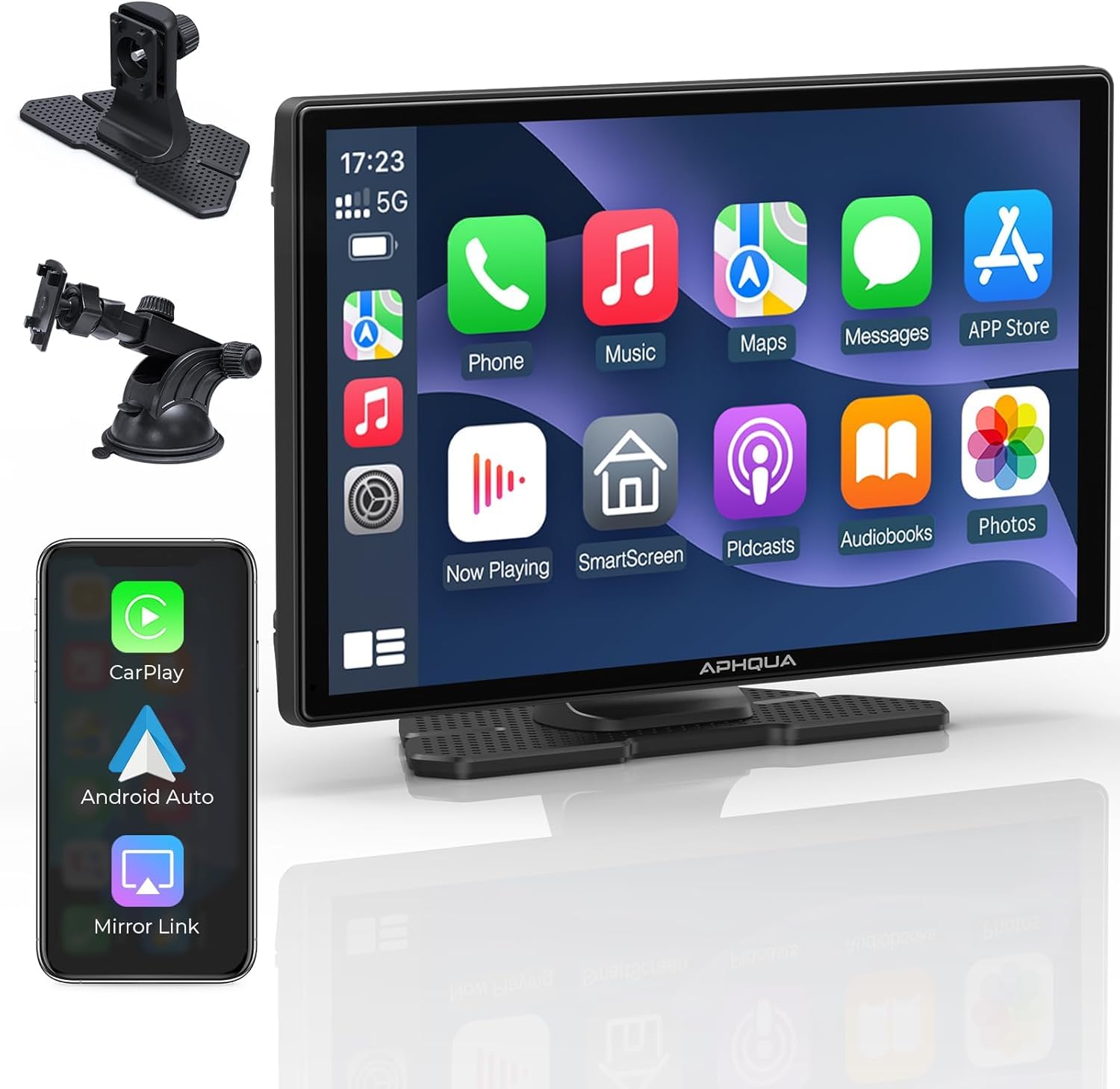 APHQUA Carplay Screen for Car, 9'' Wireless App-le Carplay & Android Auto Car Stereo, Portable Car Play Touch Screen with GPS Navigation/Mirror Link/Bluetooth/FM/AUX/USB (A98)