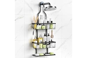 AHNR Shower Caddy Hanging, Bathroom Shower Organizer Hanging, Black Shower Caddy over Showerhead with Hooks and Adhesives, Anti-Swing Shower Rack