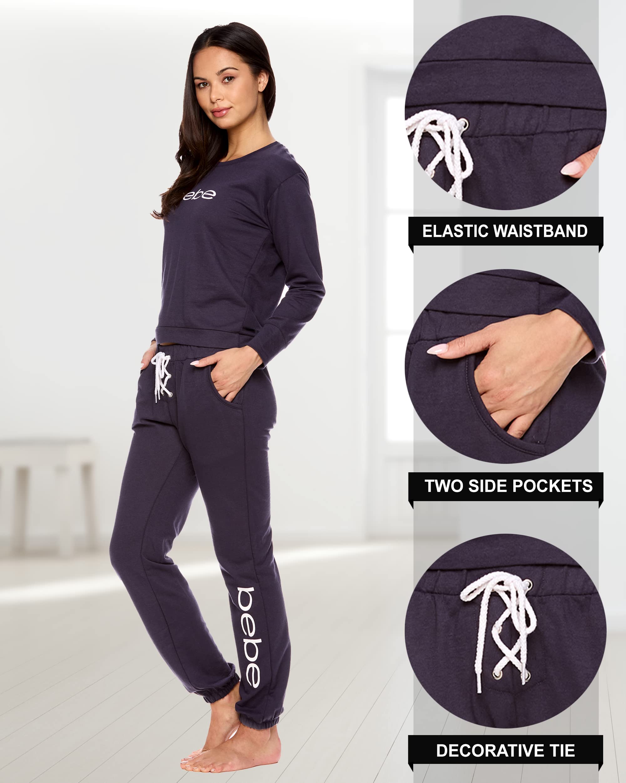 *All variations included* bebe Womens Pajama Sets - French Terry Pajamas Long Sleeve Pullover Top and PJ Pants with Pockets - Sleepwear for Women (Midnight Lavender, Medium)