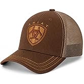 ARIAT Men's Oilskin Trucker Cap with Embroidered Shield Logo, Curved Brim, Strapback, Brown, One Size