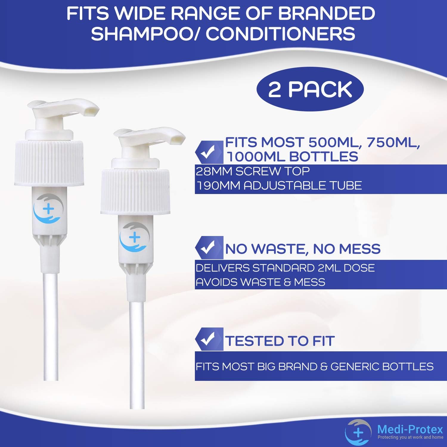 Shampoo Pump Dispenser 1000ml 750ml 500ml Pump Dispenser (2 Pack). Fits Wide Range Shampoo and Conditioner Dispenser. No More Morning Bed Head Pumps Fit 28mm Standard Screw Top Bottles - Image 3