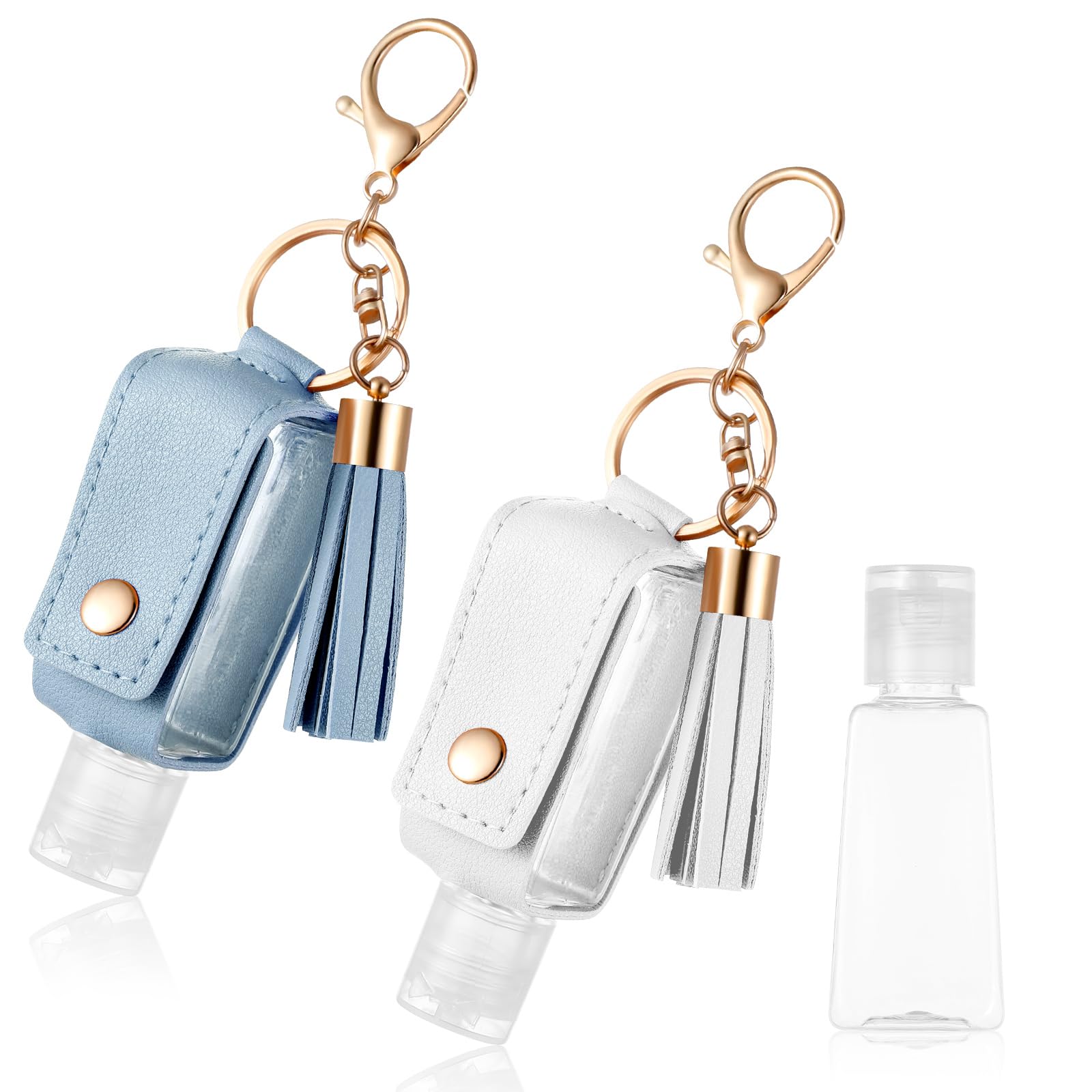 Photo 1 of PEOVLVN 2Pcs Portable Leather Hand Sanitizer Holder, Travel Size Keychain Refillable Bottle for Toiletry Lotion Liquid Soap Shampoo (Blue, White)