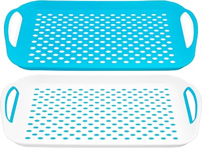 DIVCHI 2-Pack Serving Tray Set Non-Slip with Handles 40.5 x 28.5 cm Blue/White