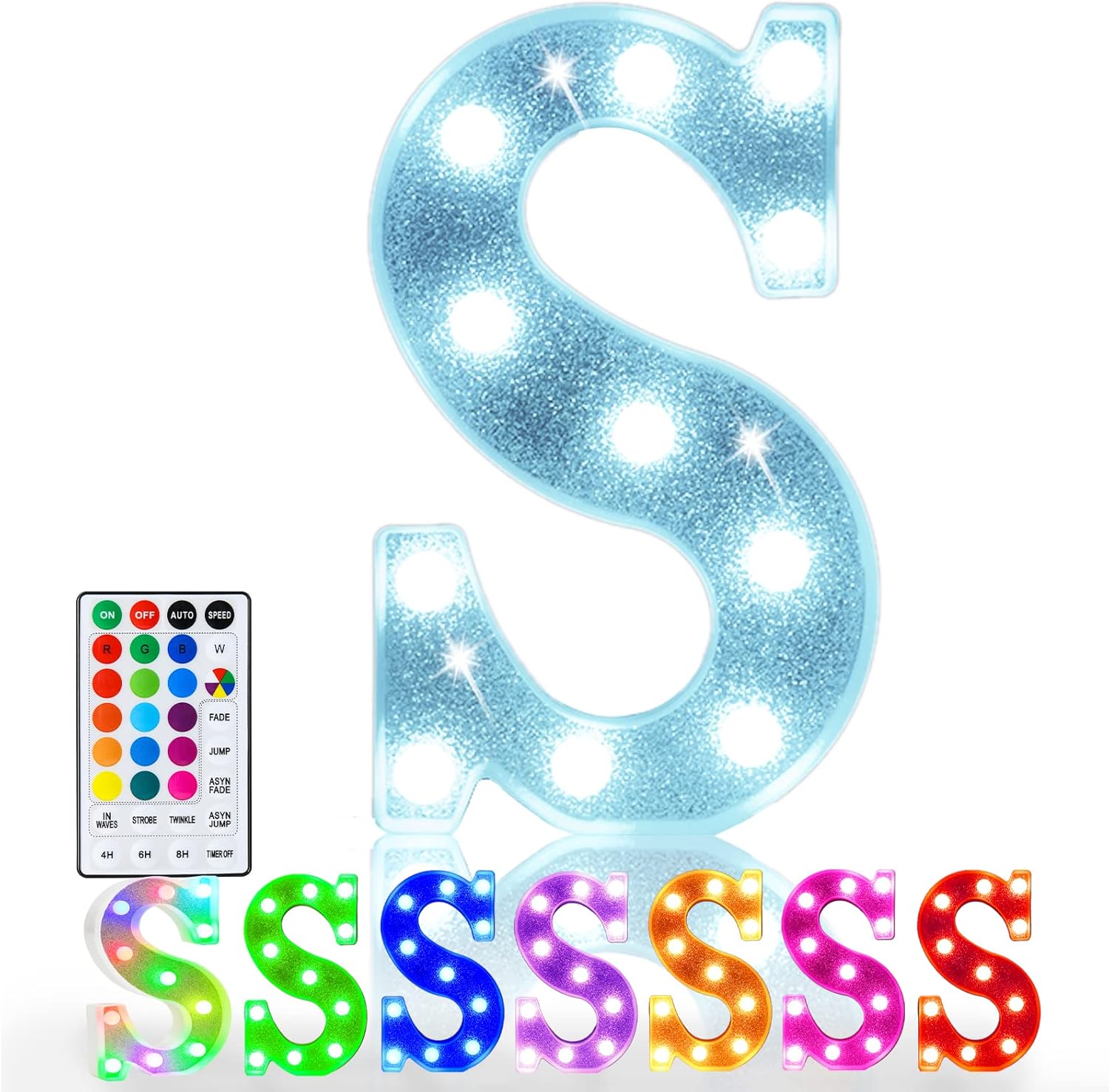 String Lights - Pooqla Colorful Light Up Letters, Led Letter Lights Marquee Letter Signs Battery Powered, 18 Colors Letter Lamp with Remote for Birthday Party Wedding Home Bar Christmas Decorations, Glitter Silver S