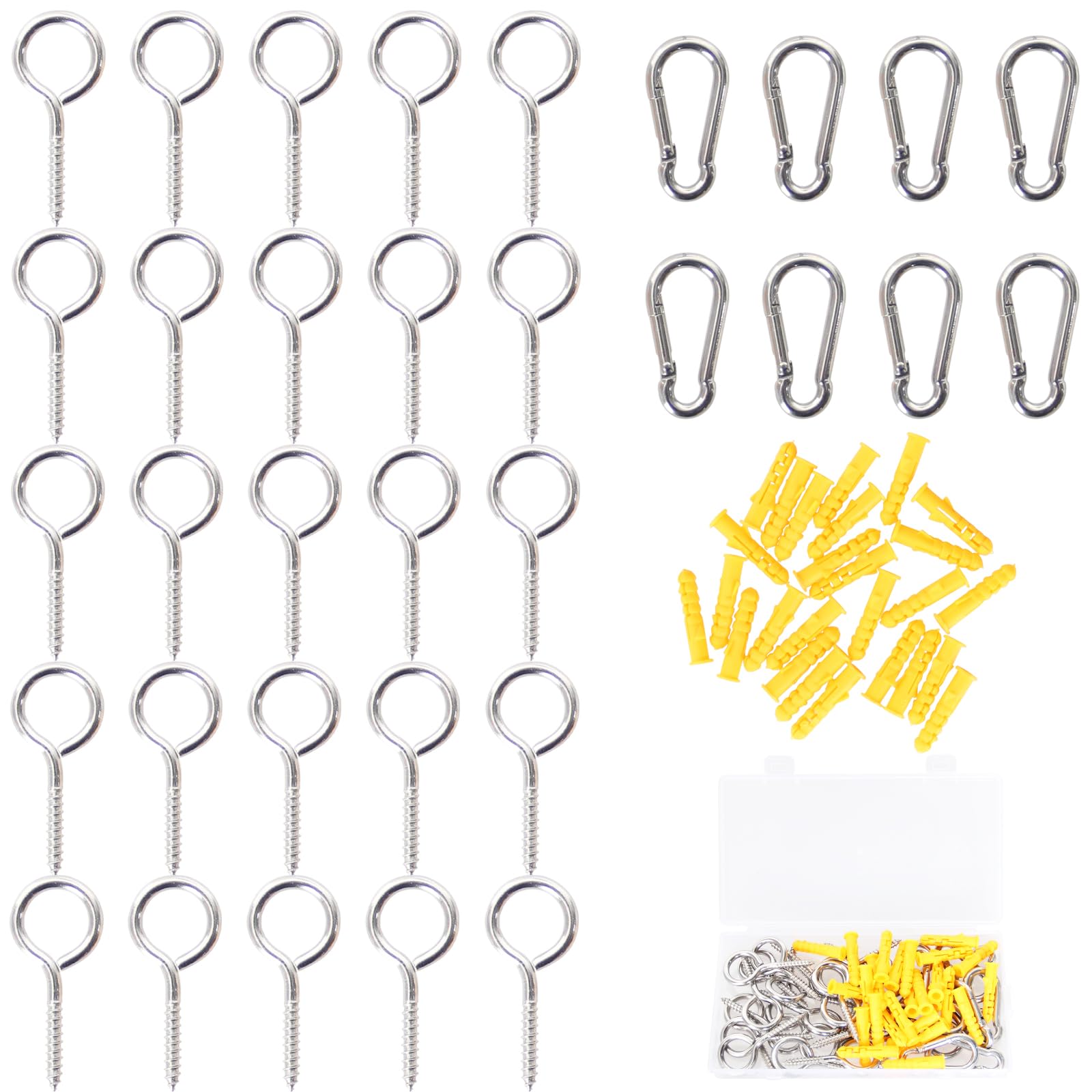 SZONEE 1.97'' 304 Stainless Steel Eye Hooks Screw Set and 1.6'' Carabiner Clips, 25 Pcs Screw Eye Hooks and 8 Pcs Spring Snap Hook, Eyelet Screws Set for Indoor and Outdoor