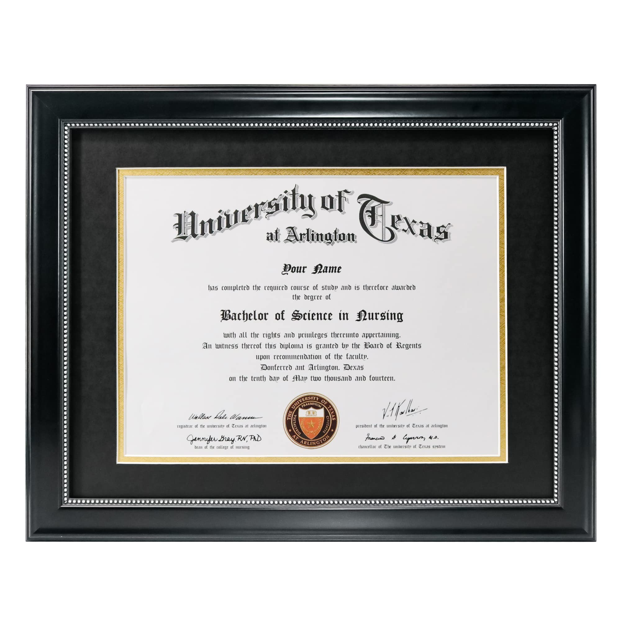Photo 1 of GraduationMall 8.5x11 Diploma Frame with Black over Gold Mat or Display 11x14 Document without Mat, UV Protection Acrylic, Black with Silver Beads