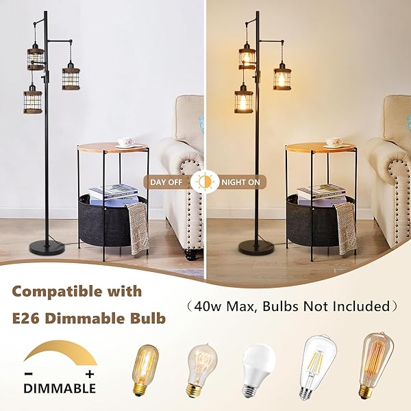 AIRPOSTA DIMMABLE FLOOR LAMPS FOR LIVING ROOM, 3-LIGHT INDUSTRIAL FLOOR LAMP WITH WOOD & METAL CAGE, FARMHOUSE STANDING LAMP TALL TREE LAMP FOR BEDROOM OFFICE, RUSTIC BLACK TALL FLOOR LAMP FOR CORNER
